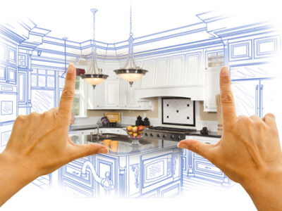 Female,hands,framing,custom,kitchen,design,drawing,and,photo,combination.