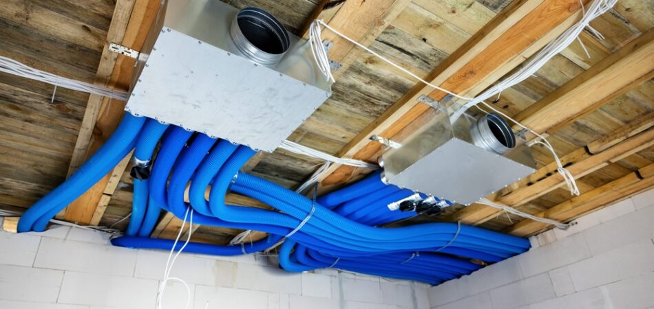 Heat,recovery,ventilation,system,installation,in,new,house.,air,filtration