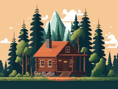 Wood,cabin.,wooden,house,in,the,forest.,vector,illustration,in
